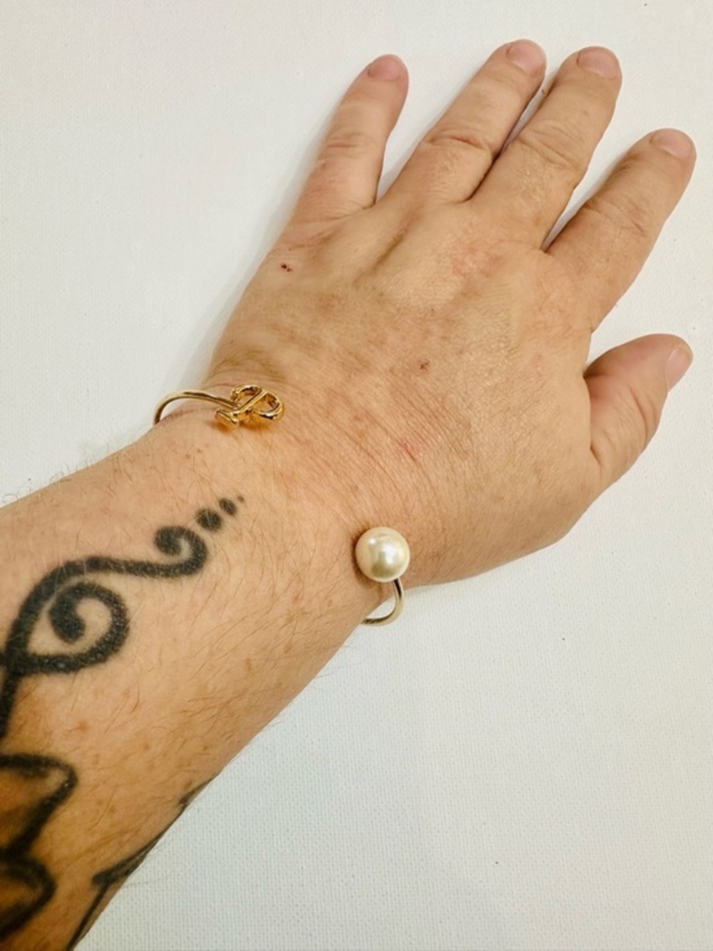 Gold Tone Initial P Pearl Open Cuff Bracelet